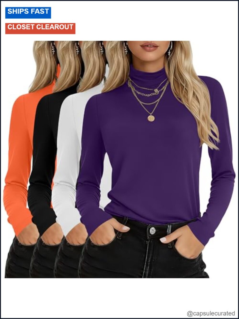 4 Pack Cotton Turtleneck Long Sleeve Shirts Women